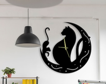 Reloj de pared de metal con diseño de gato y luna, reloj de pared único para decoración del hogar y artes de la pared, relojes de gato modernos personalizados para pared, regalos para amantes de los gatos