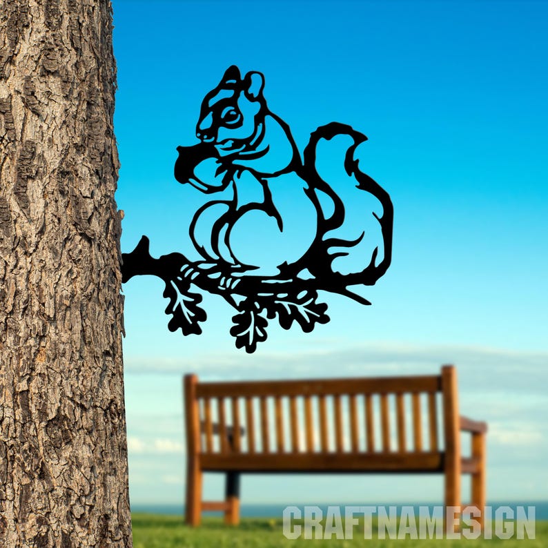 Custom Squirrel Eat Nut on Branch Metal Stake for Tree Decor, Squirrel
