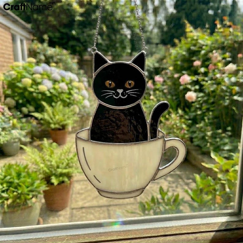 Cute Black Cat Stained Glass Window Suncatcher Home Decor - Etsy