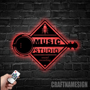 Custom Music Audio Studio Metal Wall Art LED Light | Personalized Microphone Headphones Name Sign | Home Decor Musical Musician Room