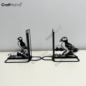 Personalized Puffin Birds Metal Bookend Office Decor, Custom Bird Lover Name Book End, Book Stand Black Metal Art, Book Nook Office Decor