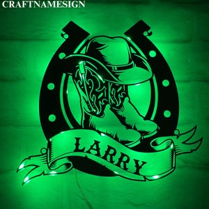 Personalized Cowboy Boots Hat Metal Wall Art LED Light, Custom Cowboy Name Sign Home Decor, Horse Farmhouse Barn Sign, Cowboy Bar Decor