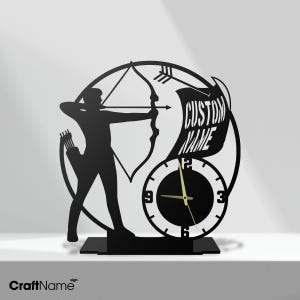 Personalized Male Archery Sport Metal Silent Clock For Desk, Custom Tabletop Black Clock Office Decor, Corporate Gifts, Archer Table Clock