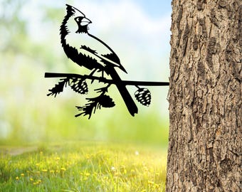 Custom Cardinal Bird On Branch Metal Tree Stake, Cardinal Garden Sculpture Metal Tree Art, Laser Cut Metal Garden Art, Gift for Grandma