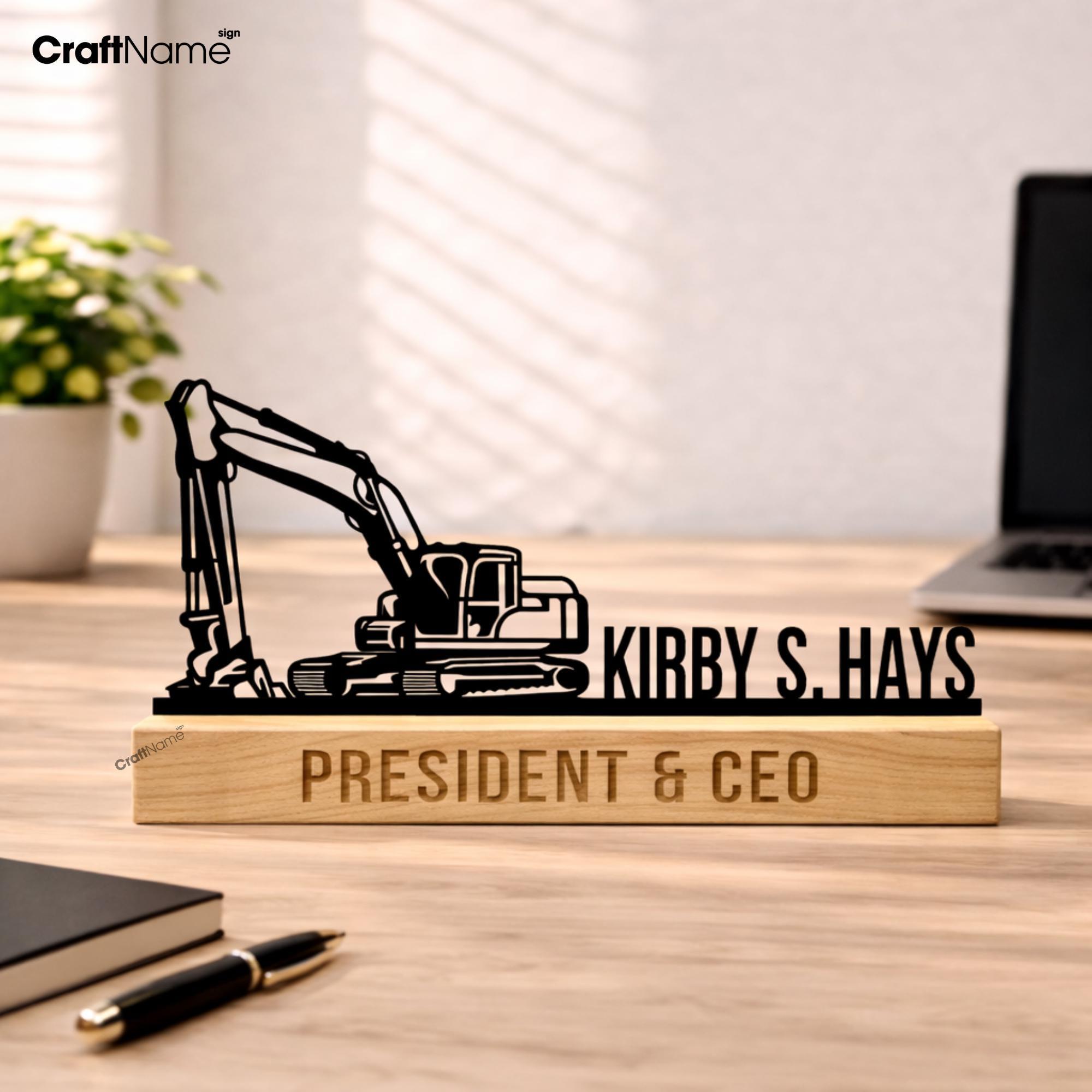 Custom Excavator Desk Name Plate, Wooden Office Decor, Personalized Gift