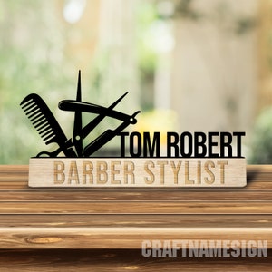 Custom Wooden Barber Desk Name Plate, Hair Stylist Hair Dresser Metal Nameplate for desk, Desk Office Decor, Desk Name Plate, New Job Gift