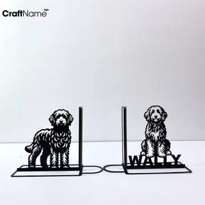 Aangepaste goldendoodle metalen boekensteun voor bureaudecor, gepersonaliseerde hondenliefhebber zwarte boekensteun, boekenstandaard black metal art, boekenhoekje kantoordecor