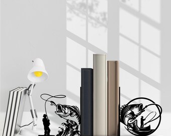 Custom Bass Fishing Metal Black Bookend For Desk Office Decor, Fishing Book Ends, Metal Book Holder Sign, Book Stand for Book Nook Decor