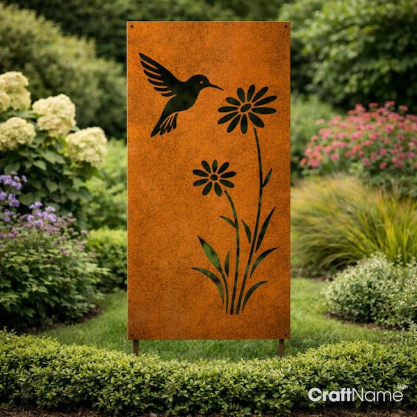 Decorative Metal Garden Panel Screen – Rustic Hummingbird Yard Art for Garden & Porch or Law
