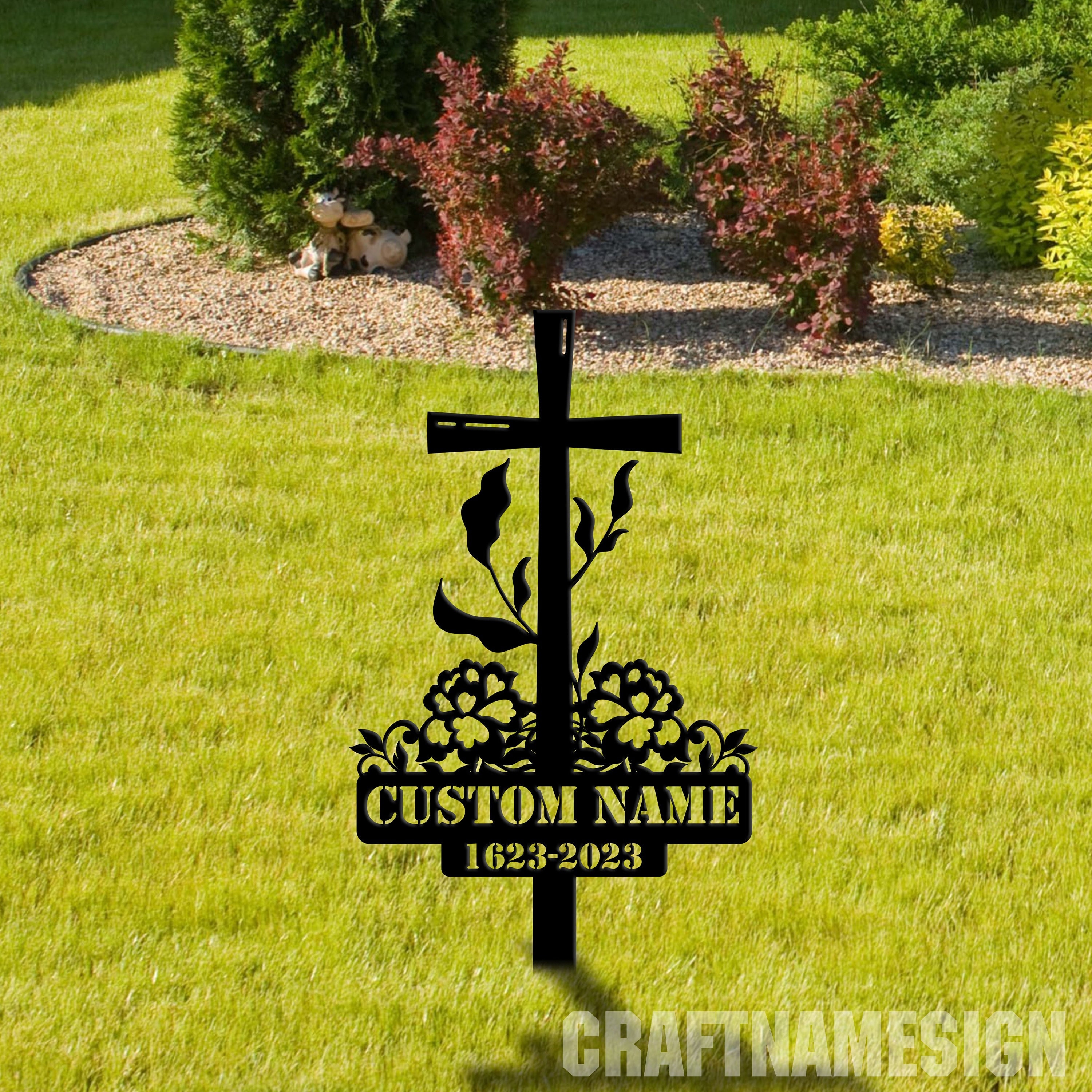 Custom Floral Cross Memorial Metal Stake, Cross Memorial Plaque with Stake, Sympathy Sign, Grave Marker, Remembrance Stake, Cross Sign