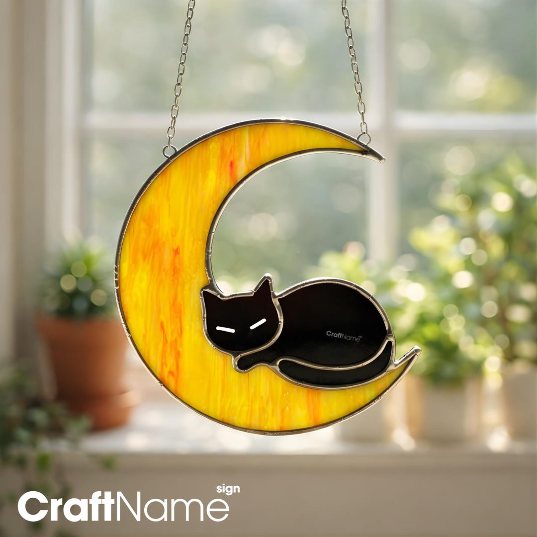 Sleeping Cat Moon Stained Glass Panel, Handmade Night Sky Window Decor ...