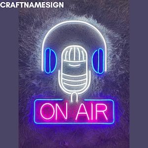 Music On Air Neon Sign, Podcast Led Sign, Custom Neon Sign, Recording Studio Wall Decor, Podcast Music Club Wall Art, Microphone Led Light