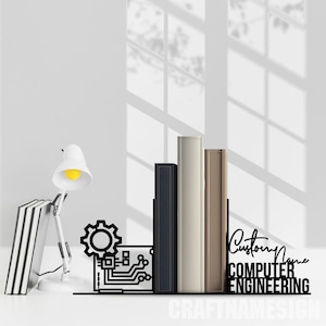 May include: Black metal bookends featuring a circuit board design and the text "Custom Name Computer Engineering". The bookends are holding up three books, one black, one white, and one brown.