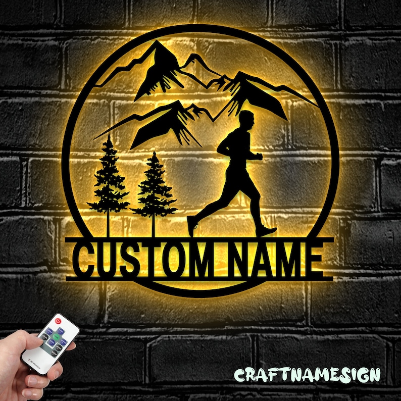 Custom Man Trail Running Metal Wall Art LED Light - Personalized Runner ...