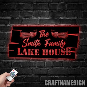 Custom Lake House Metal Wall Art LED Light Personalized Lake Boat Scene Name Sign Home Decor Cabin Lake Life Decoration Birthday Christmas