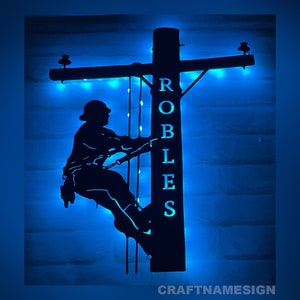 Personalized US Lineman Metal Wall Art With LED Light, Custom Lineman Name Sign Decoration For Room, Lineman Metal LED Decor, Custom Lineman