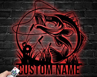 Personalized Bass Fish Metal Wall Art With LED Light, Custom Bass Fisher Name Sign Decoration For Room, Bass Fish Metal LED Decor, Bass Fish