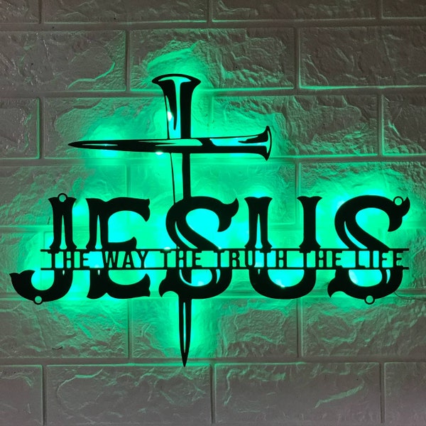 Jesus Der Weg Die Wahrheit Das Leben Metall Wandkunst LED Licht - Christus Zeichen - Ideal für Wohnkultur & Geschenk - Gott Glaube Dekoration Religiöser Herr