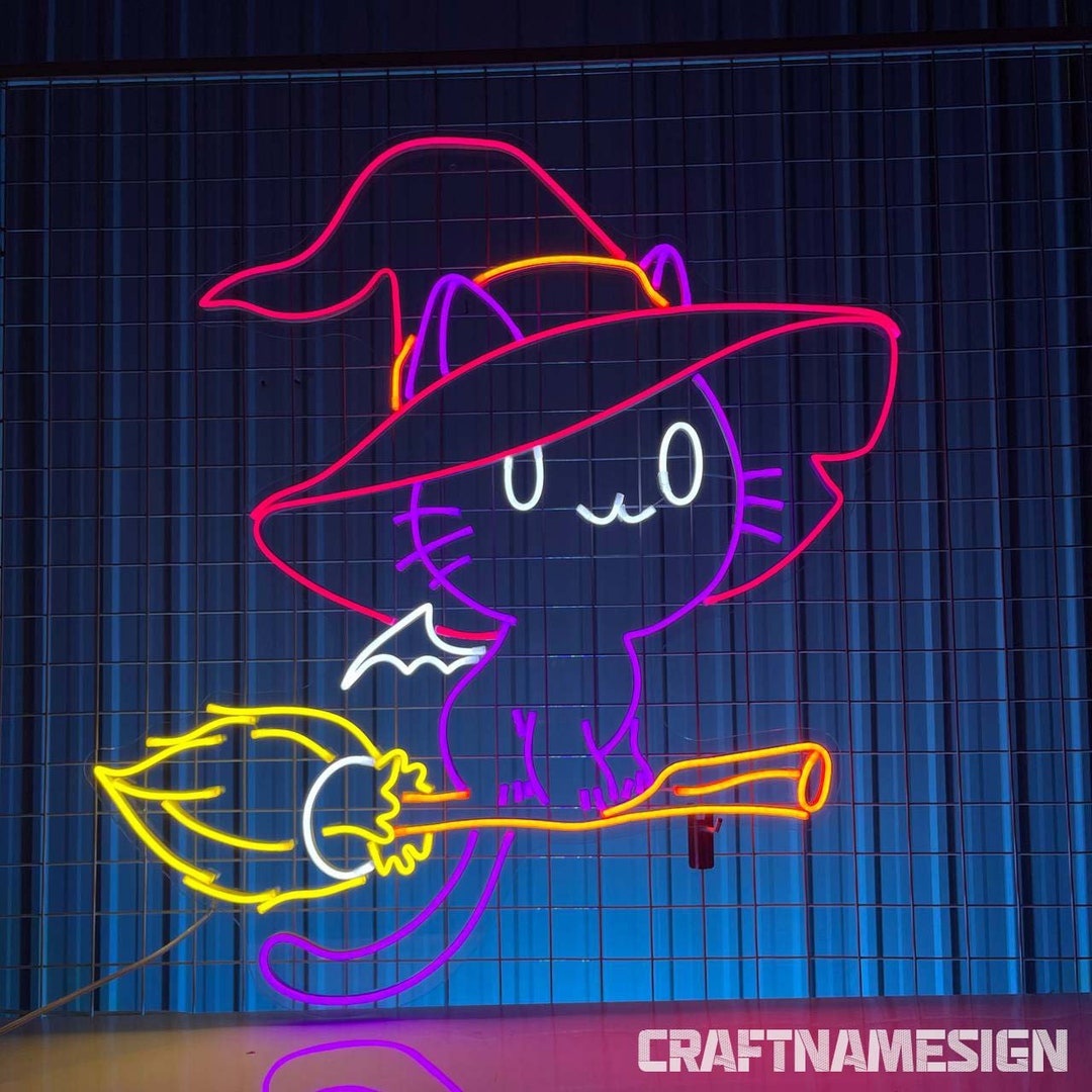 Halloween Cat Ride Broom Neon Sign, Halloween Cat Witch Hat Witch LED ...