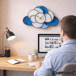 Cloud Stained Glass Wall Clock, Handmade Glass Art Decor for Modern Home