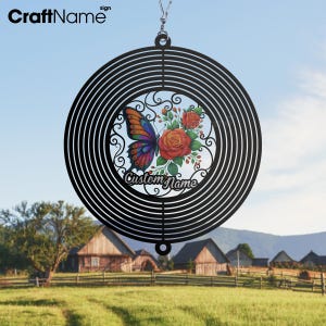 Custom Wind Spinner with Butterfly Flower Metal Sign, Spinner Hanging Sign, Garden Decoration, Kinetic Sculpture, Idea Gift for Mom