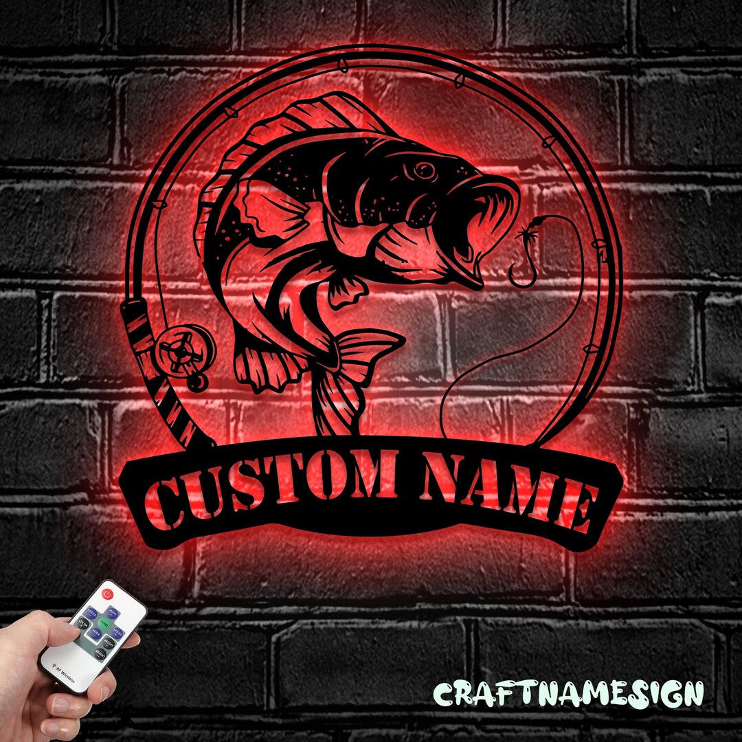 Custom Bass Fishing Metal Wall Art LED Light - Personalized Fisher Name ...