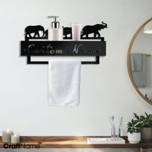 Suporte de toalha de metal personalizado com elefantes, Toalha de metal com suporte, Decoração de banheiro de metal personalizada, Toalheiro, Cabide de banheiro, Suporte de toalha