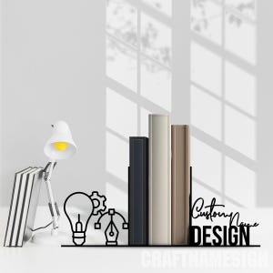 Custom Bookend Design Metal Table Office Decor, Personalized Designer Name Book End, Book Stand Black Metal Art, Book Nook Office Decor