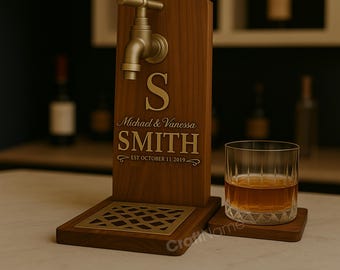 Dispensador de whisky de madera con grabado personalizado, dispensador de bourbon con nombre personalizado para decoración de bar o pub, decantador de bebidas, regalo de boda
