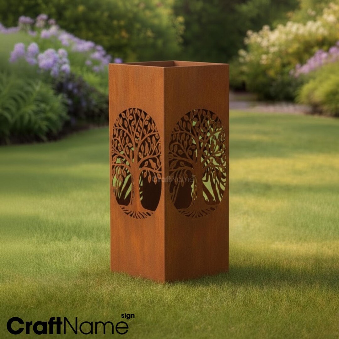 Column Design Tree Decor Tree of Life Garden Column, Rustic Metal Outdoor Yard Art, Lawn or ...