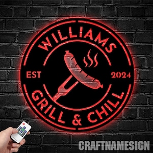 Targa in metallo personalizzata con grill per barbecue, insegna led per ristorante con grilling, targa in metallo personalizzata con nome del ristorante con barbecue, luce a led per bar con grill per la casa