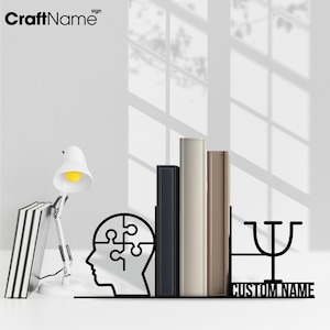 Custom Psychology Desk Bookends, Personalized Psychologist Name Book End, Book Stand Black Metal Art, Book Nook Office Decor for Book Lover