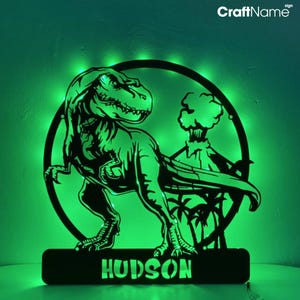Benutzerdefinierte Dinosaurier-Vulkan-Metallwandkunst, Dinosaurier-LED-Schild, personalisiertes Dinosaurier-Liebhaber-Namensmetallschild, Dinosaurier-Jurassic-Mannhöhlendekor