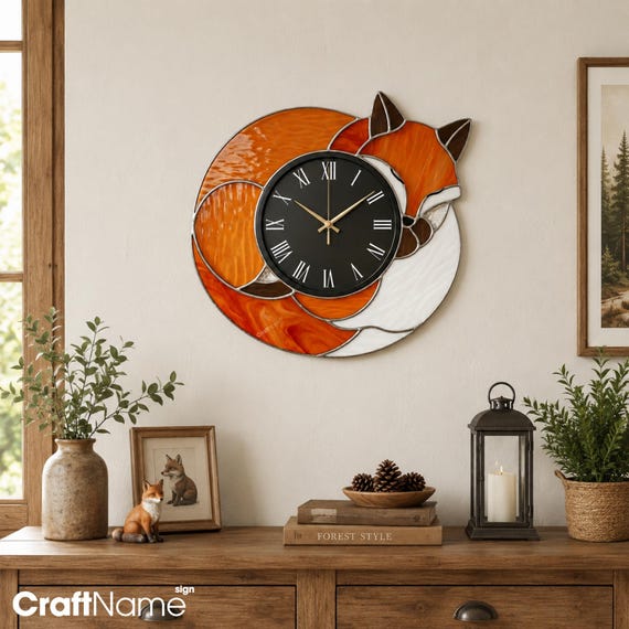 Stained Glass Fox Clock, Woodland Wall Art for Nursery or Entryway