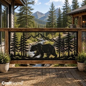Grizzly Bear Forest Metal Railing Panel, Mountain Pine Deck Insert, Wildlife Outdoor Privacy Screen
