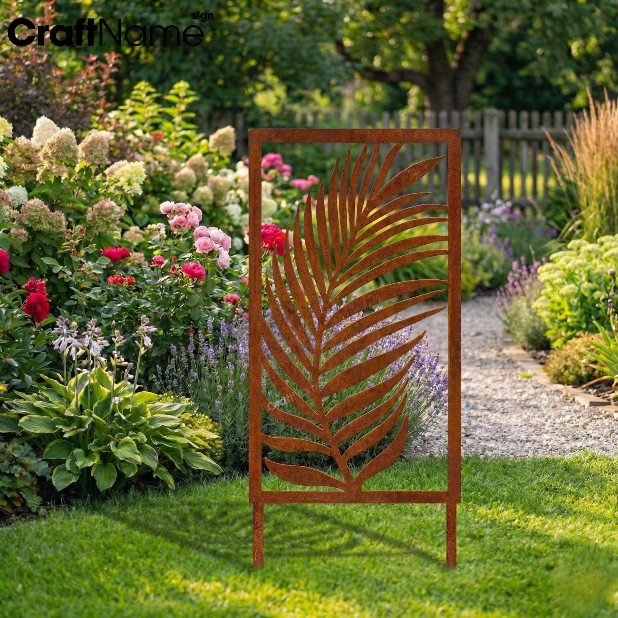 Palm Leaf Metal Garden Stake Panel, Tropical Outdoor Privacy Yard