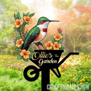 Personalized Floral Hummingbird Stake Garden Decor Sign, Outdoor Hummingbird Garden Stake Decor, Grandma&#39;s Garden Stake, Bird With Stake