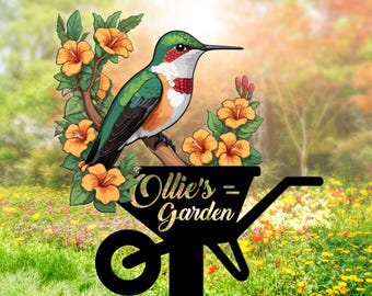 Personalized Floral Hummingbird Stake Garden Decor Sign, Outdoor Hummingbird Garden Stake Decor, Grandma's Garden Stake, Bird With Stake