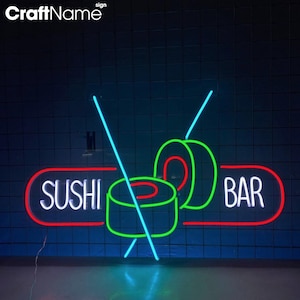 Insegna al neon per sushi bar, insegna a LED per sushi giapponese, insegna al neon personalizzata per l'arredamento di ristoranti di sushi giapponesi, arte murale per negozi di sushi, insegna di cibo giapponese