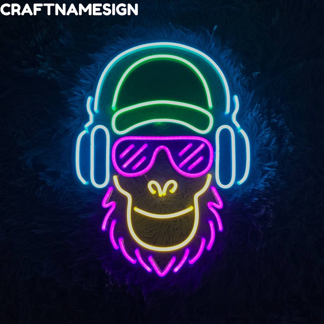 Cool Monkey Music Neon Sign, Monkey Headphone Led Sign, Custom