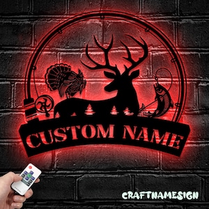 Custom Deer Turkey And Bass Fishing Metal Wall Art LED Light | Personalized Hunter Name Sign | Home Decor Cabin Decoration | Housewarming