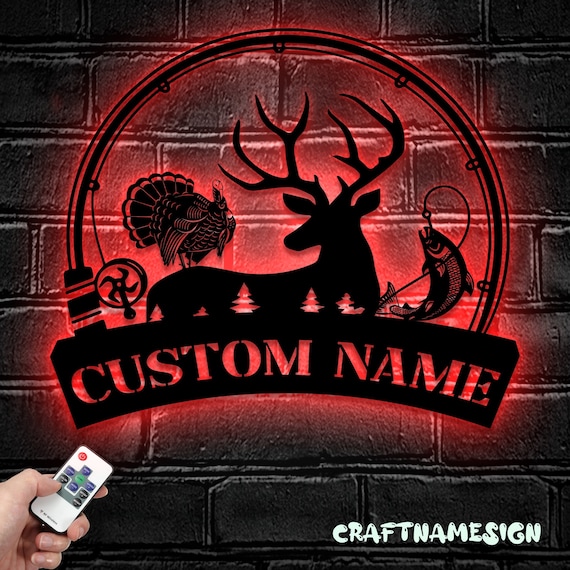 Custom Deer Turkey and Bass Fishing Metal Wall Art LED Light Personalized  Hunter Name Sign Home Decor Cabin Decoration Housewarming 