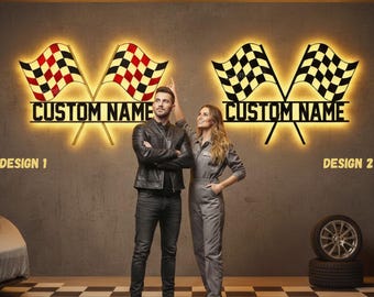 Custom Start Finish Racing Flag Metal Wall Art with LED Light – Personalized Motorsport Garage Decor