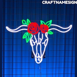 Bull Skull Flower Neon Sign, Texas Bull Neon Sign, Custom Neon Sign, Man Cave Decor, Bedroom Wall Art, Bull Lover Gift, Rodeo Bull Decor