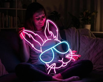 バニーネオンサイン、かわいいウサギのLEDウォールアート、自宅や寝室