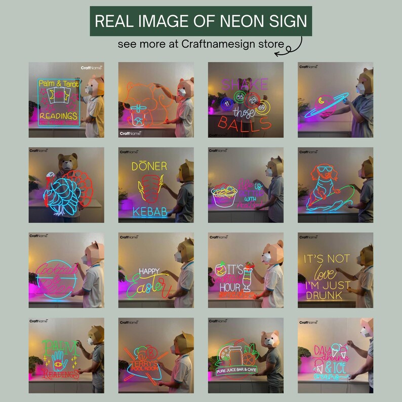 May include: A collection of neon signs in various shapes and colors, including text like "Palm & Tarot Readings," "Take those balls," and "Happy Easter." The signs are displayed against a neutral background.