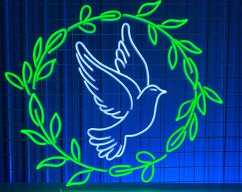 Flying Dove Neon Sign, Dove Peace Led Sign, Custom Neon Light, Peace Bird Neon Light, Dove Leaf Branch Room Wall Decor, Pigeon Wall Art