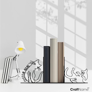 Custom Minimalist Cat Bookend Metal Art, Personalized Cat Lover Book Ends, Book Stand Black Metal Art, Book Nook Office Decor for Book Lover