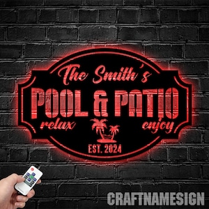 Custom Pool And Patio Metal Wall Art LED Light, Personalized Pool And Patio Name Sign, Family Home Wall Decor, Family Poolside Palm Tree Art