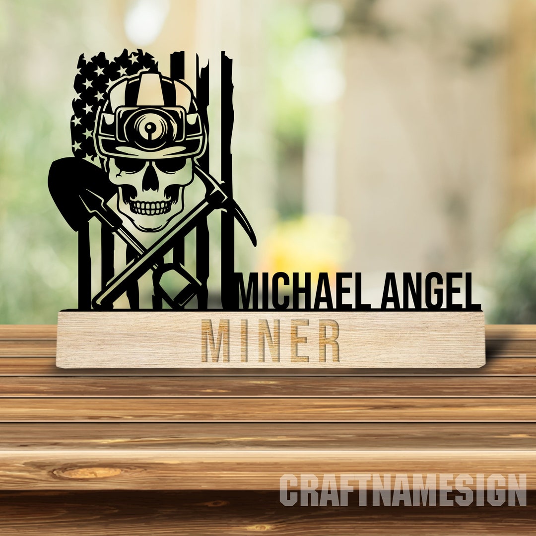 Custom Wooden Coal Mining Desk Name Plate, Miner Metal Nameplate for